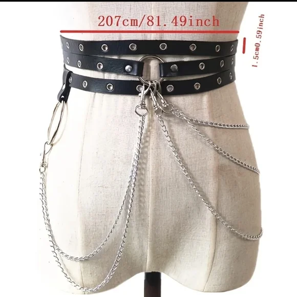 Woman's Black Waist Belt With Chain - Picture 2 of 7
